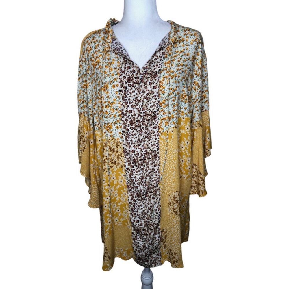 Umgee Mustard Yellow and Cream Mixed Print Midi Dress